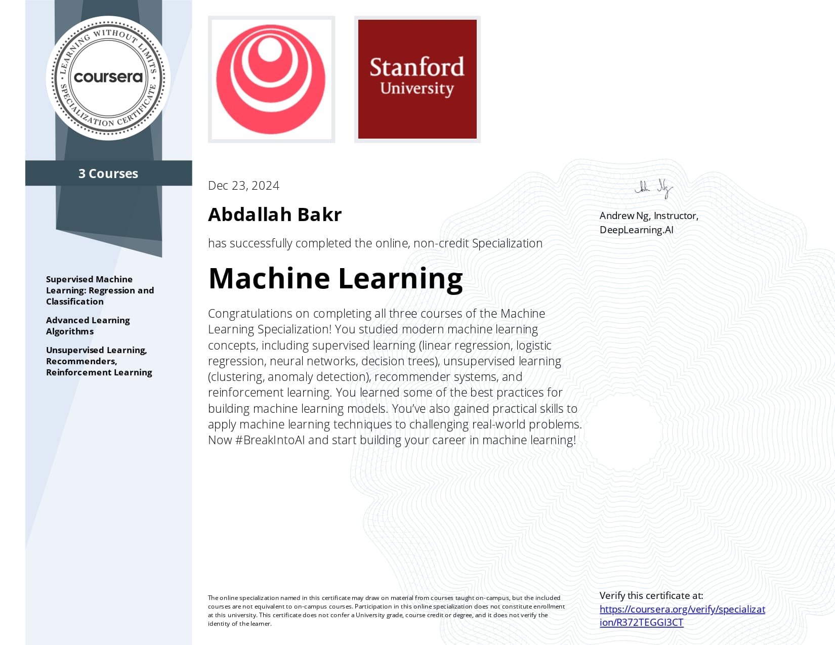 Stanford Machine Learning Specialization